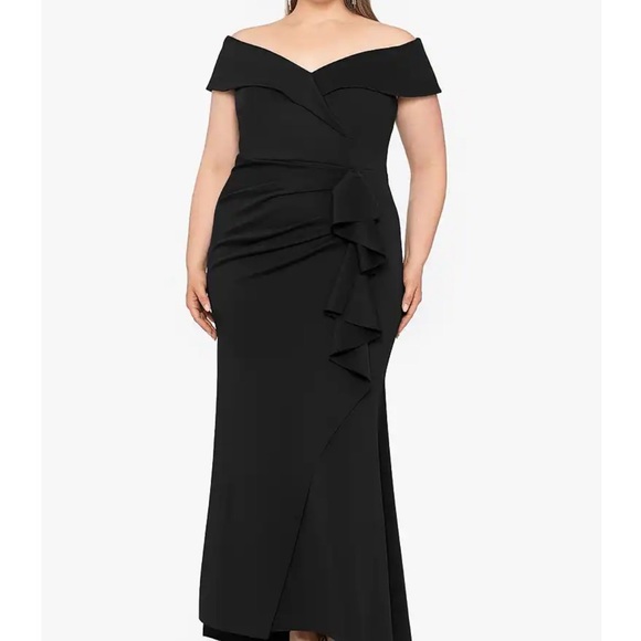 Xscape Black Asymmetrical Ruched Gown